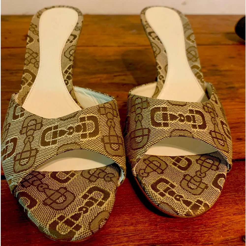 Gucci Beige/Brown Horsebit Print Canvas Slide Sandals